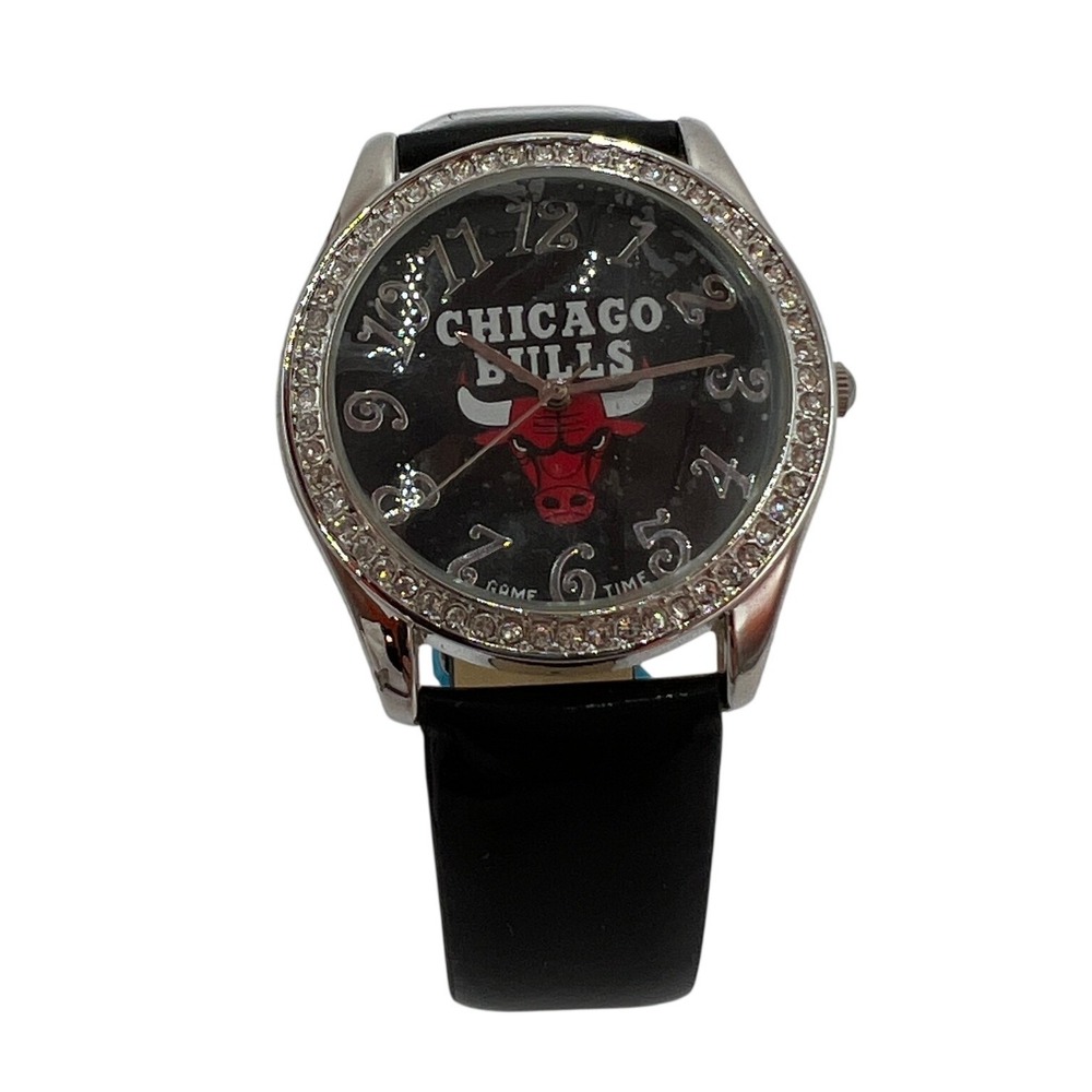 Game Time Chicago Bulls NBA Watch Rhinestone Bezel Black Leather Strap GLI New